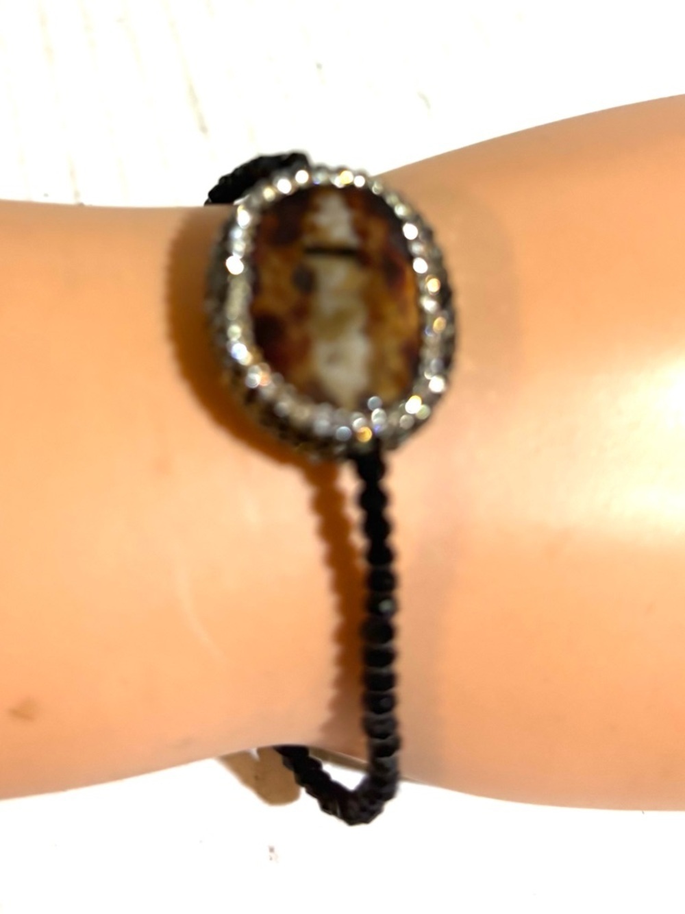 Black Beaded Bracelet with Brown Agate Center